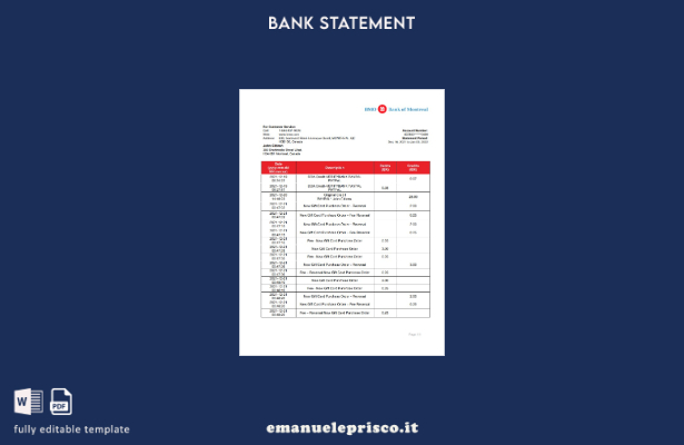 modello di estratto conto bancario della Canada Bank of Montreal in stile verifi